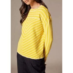 Karen Millen Striped Crewneck Sweater Women's Size XS Yellow White Snap Shoulder